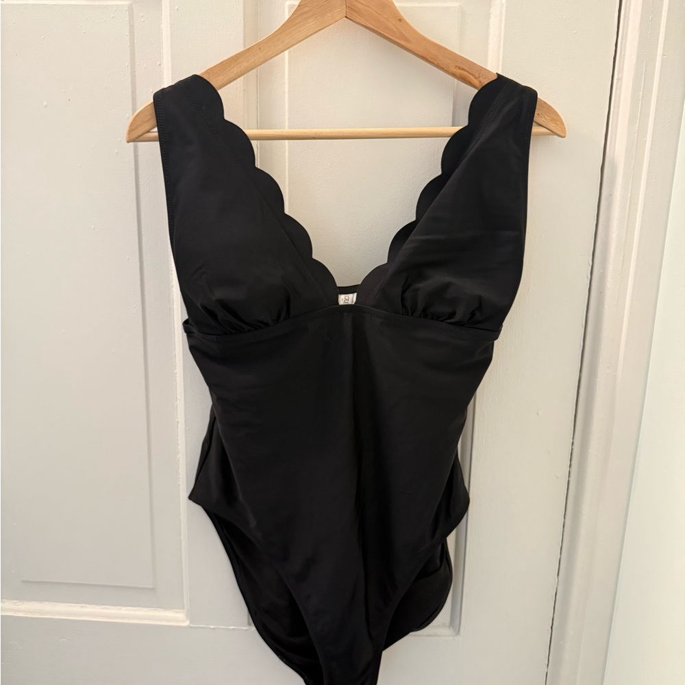 J. Crew Black Scalloped Swimsuit Low-cut One Piece L